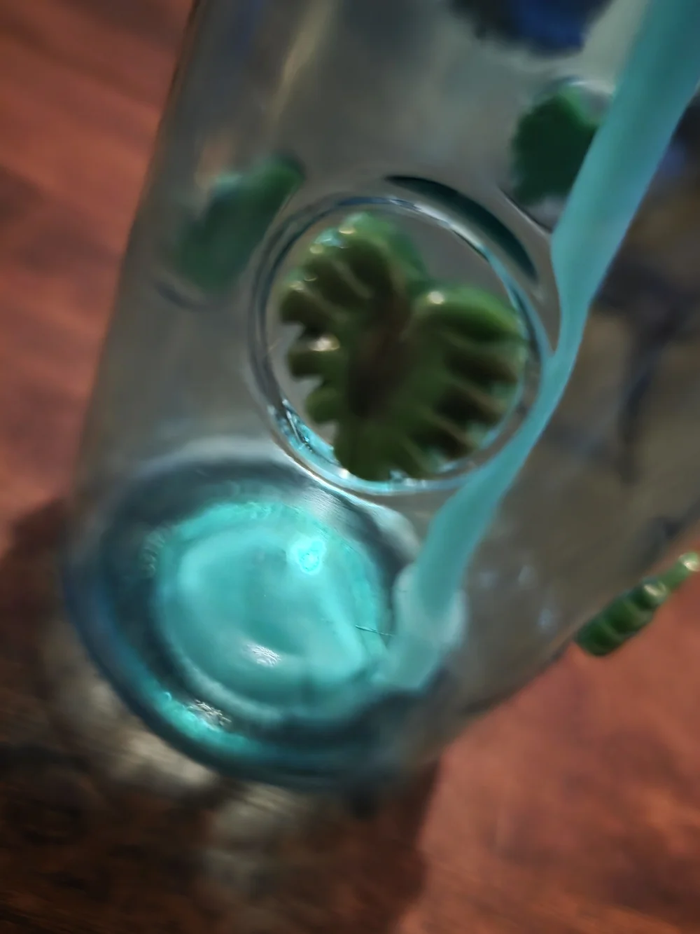 Aqua Blue Glass Tumbler with Leaf Accents and Straw